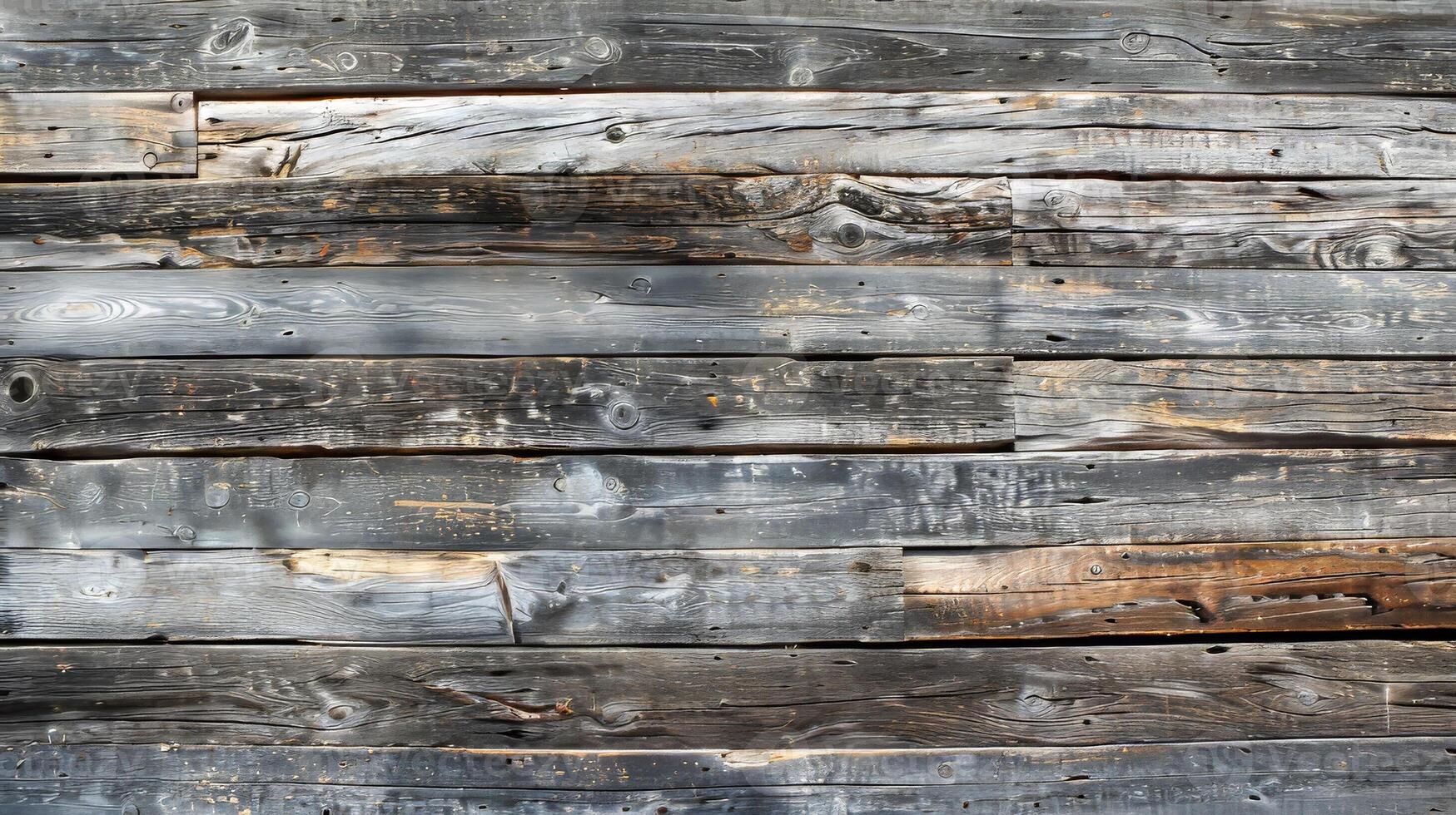 A wooden surface with a lot of scratches and dents. The wood is old and worn photo