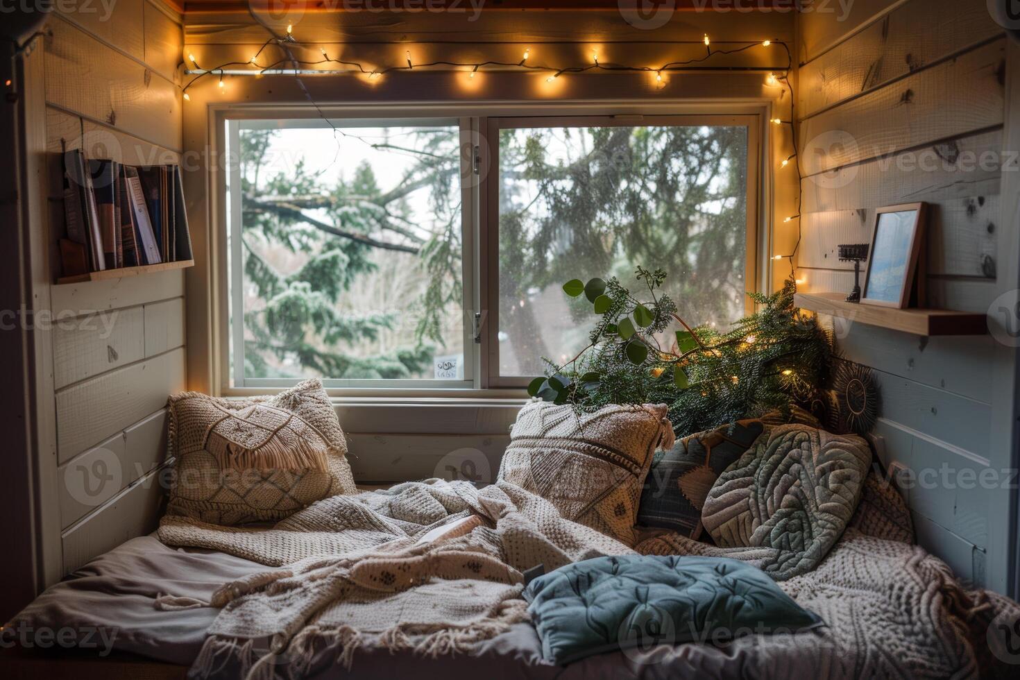 Cozy reading nook with soft blankets and cushions, providing a peaceful space for stress relief photo