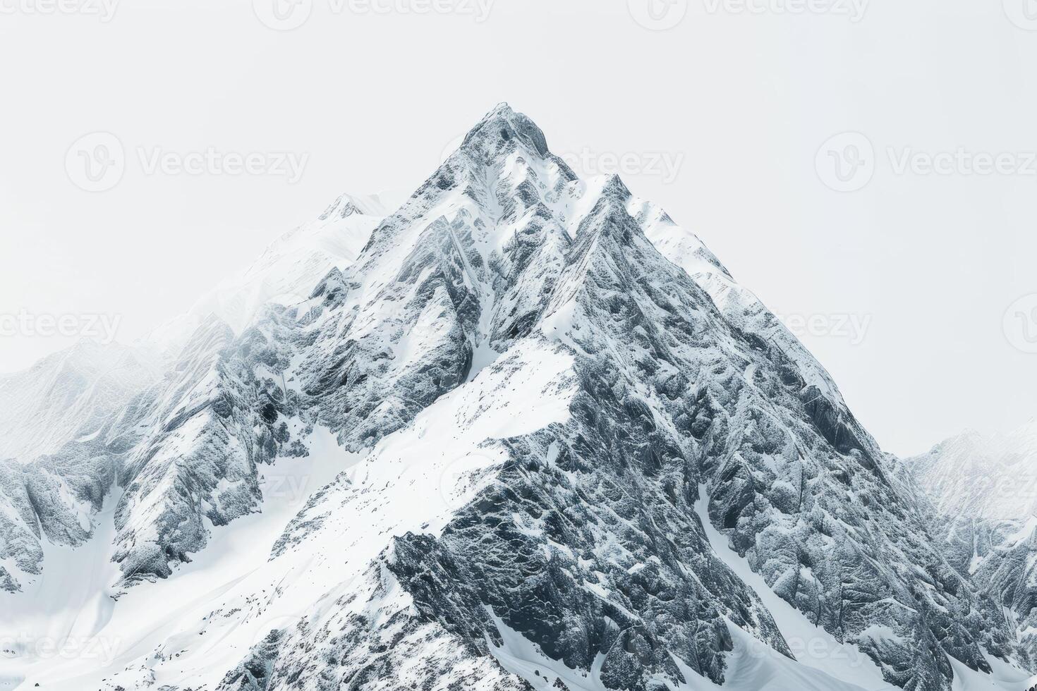 Snow-covered mountain peak against a soft transparent white surface, ideal for snowy landscapes photo