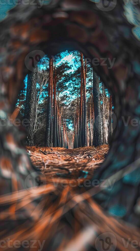 A forest with a hole in the middle of it. The hole is surrounded by trees and the sky is blue photo