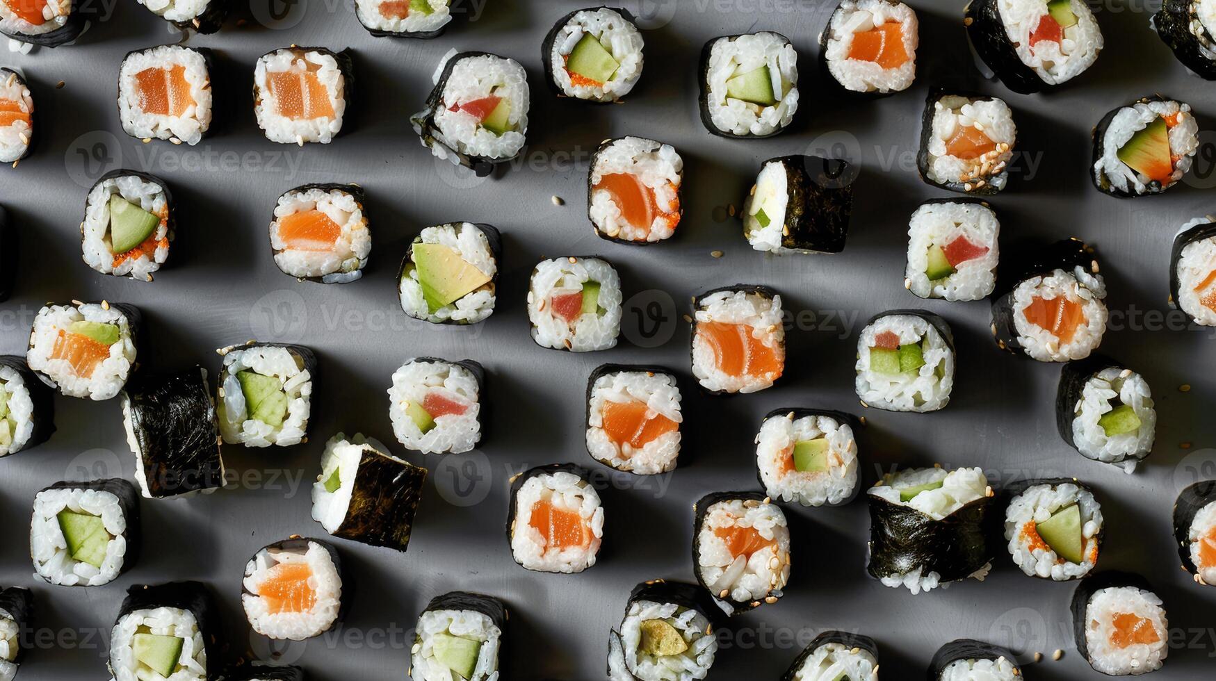 Patterned arrangement of spinning sushi rolls in a grid layout photo