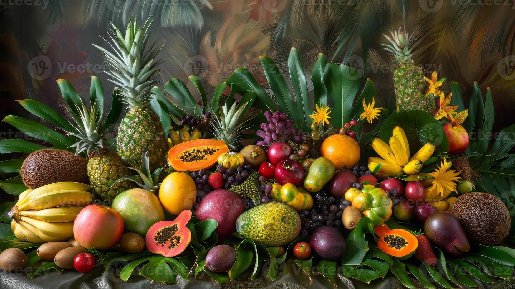 A colorful fruit display with a variety of fruits including bananas, apples, oranges, and pears photo