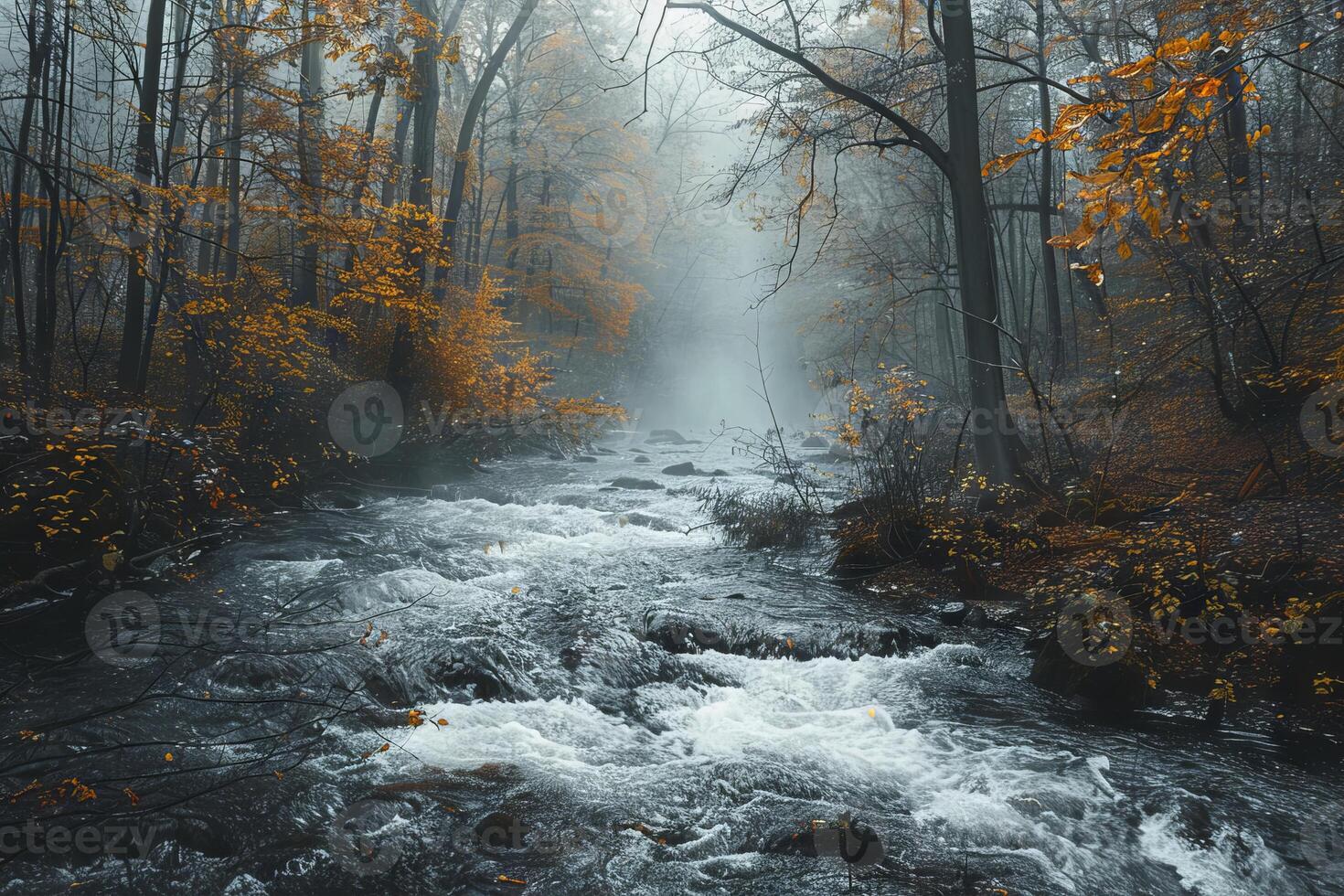 Serene river flowing through a misty forest on a foggy morning photo