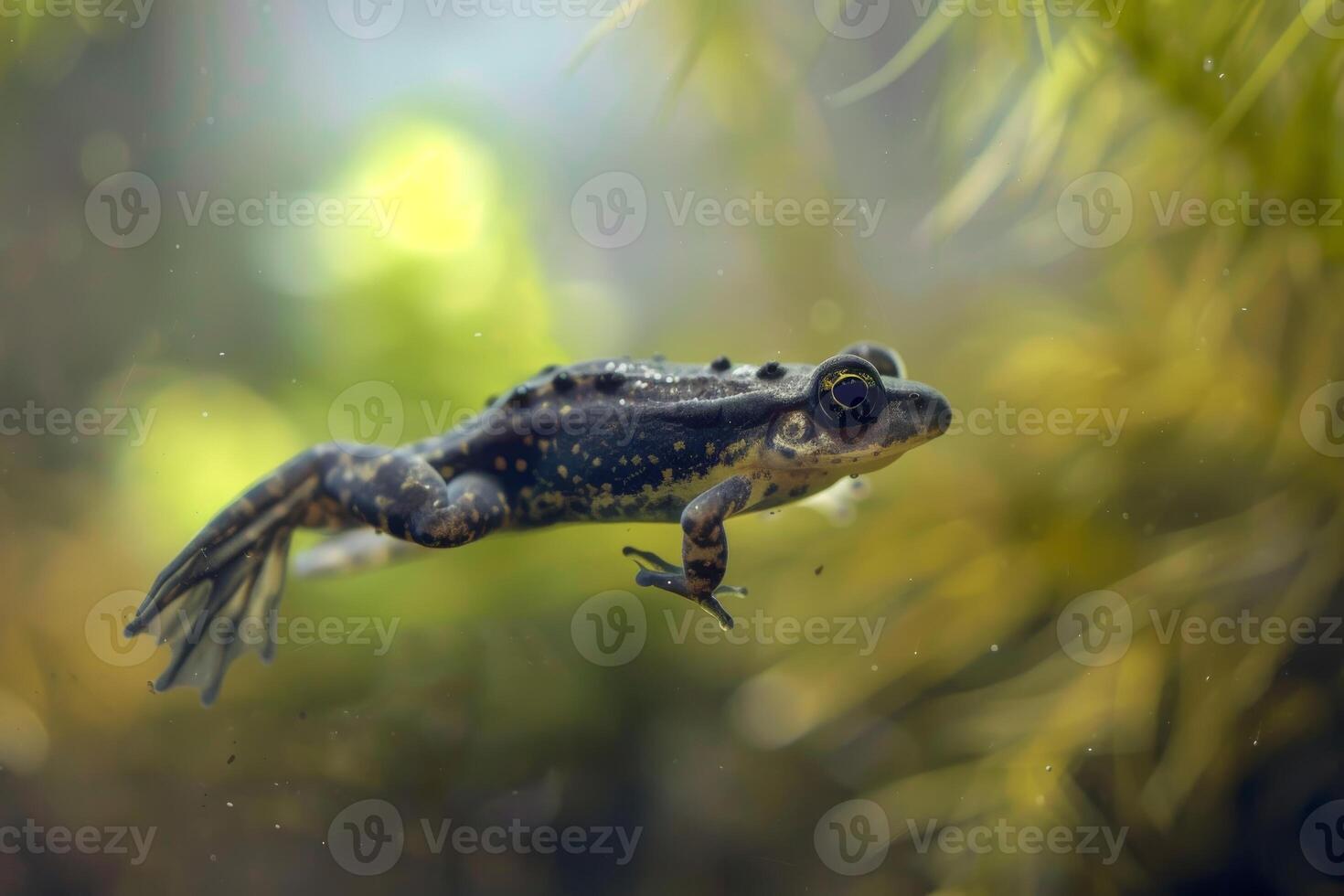 Close up of a frog tadpole swimming in a pond, symbolizing the life cycle of amphibians photo