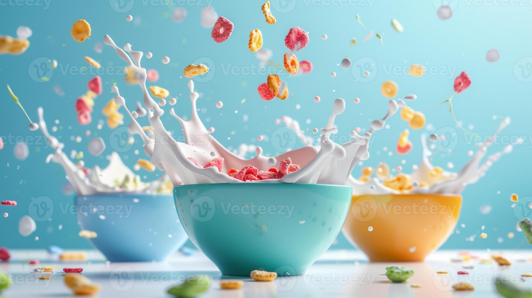 Levitating bowls of colorful cereal with milk splashes photo