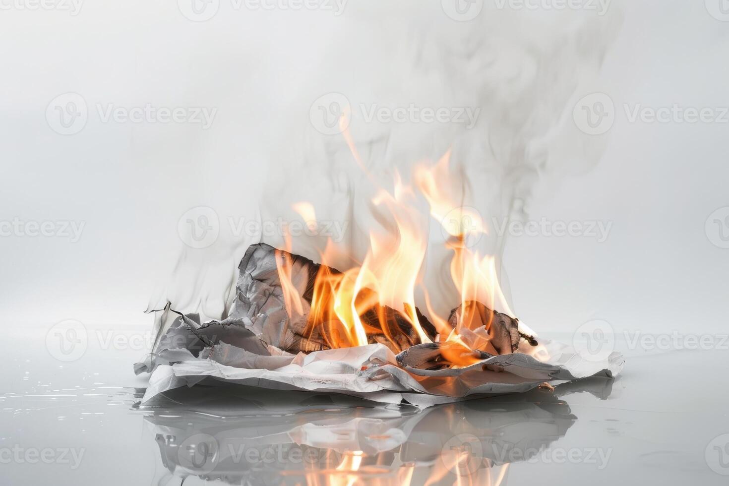 Burning paper engulfed in flames against a transparent white surface, symbolizing destruction and transformation photo