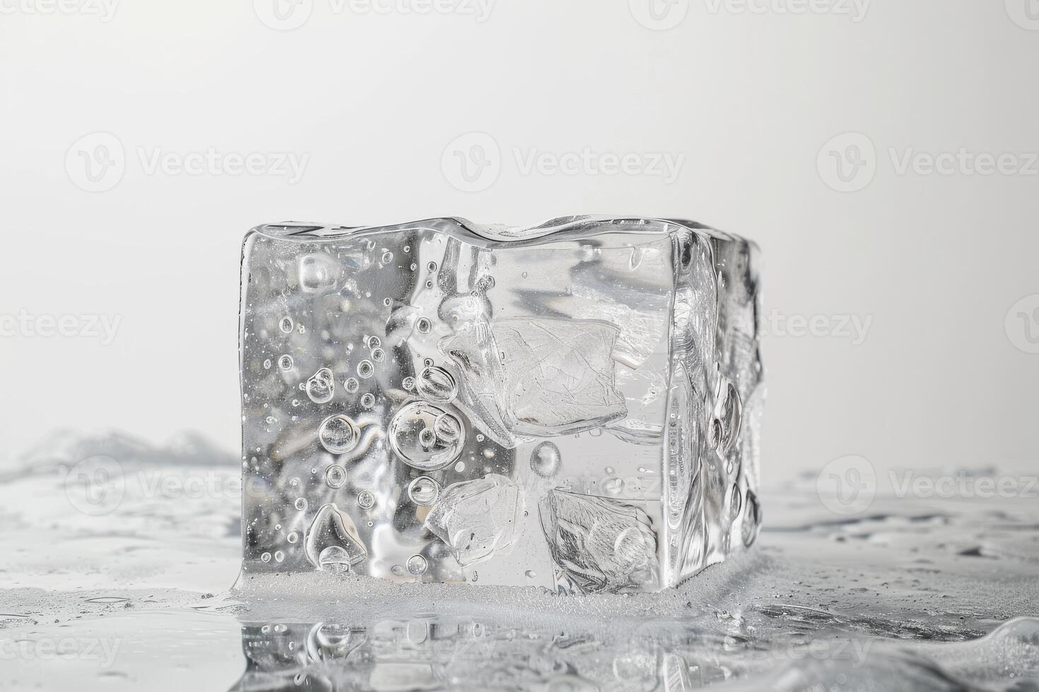 Crystal-clear ice block with trapped air bubbles on a soft transparent white backdrop, adding a touch of frozen fascination photo