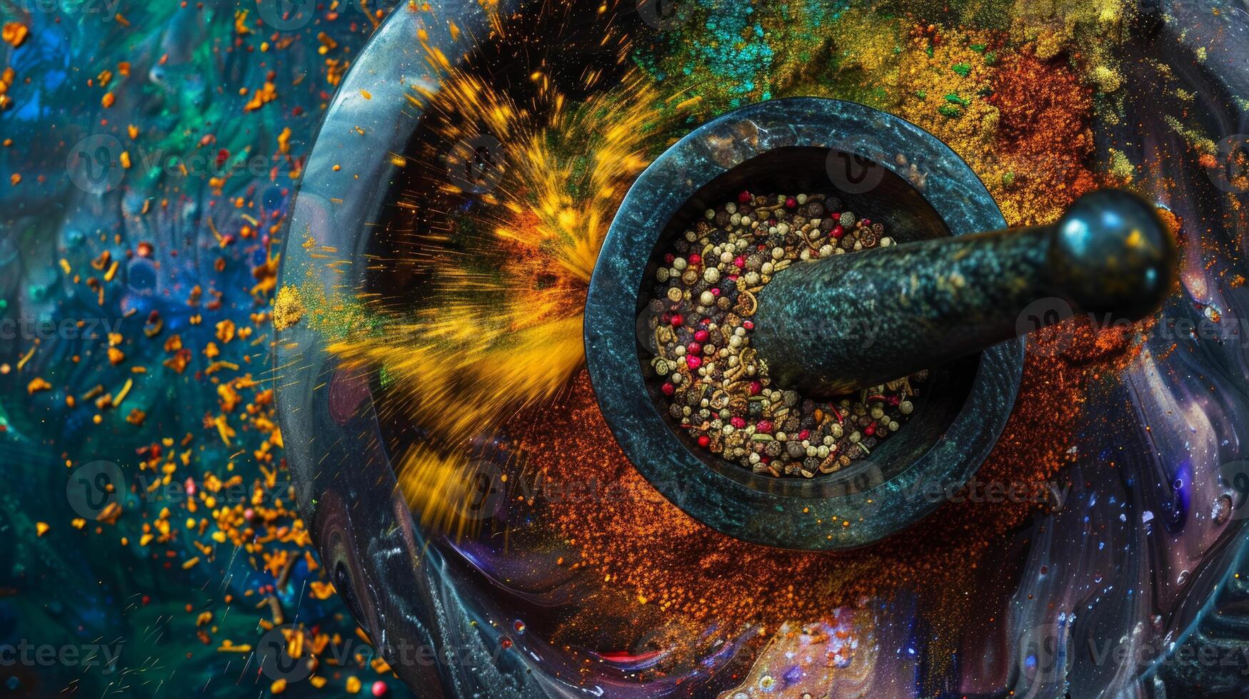 Colorful array of spices swirling in a mortar and pestle photo