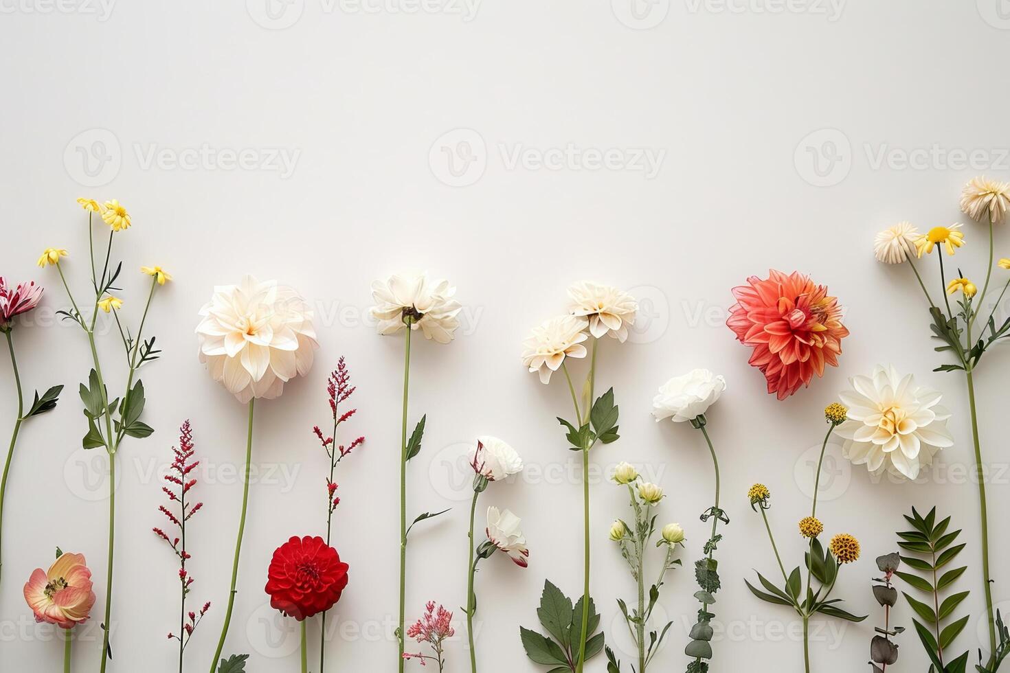 Elegant flower compositions against a clean white canvas, creating a serene ambiance photo