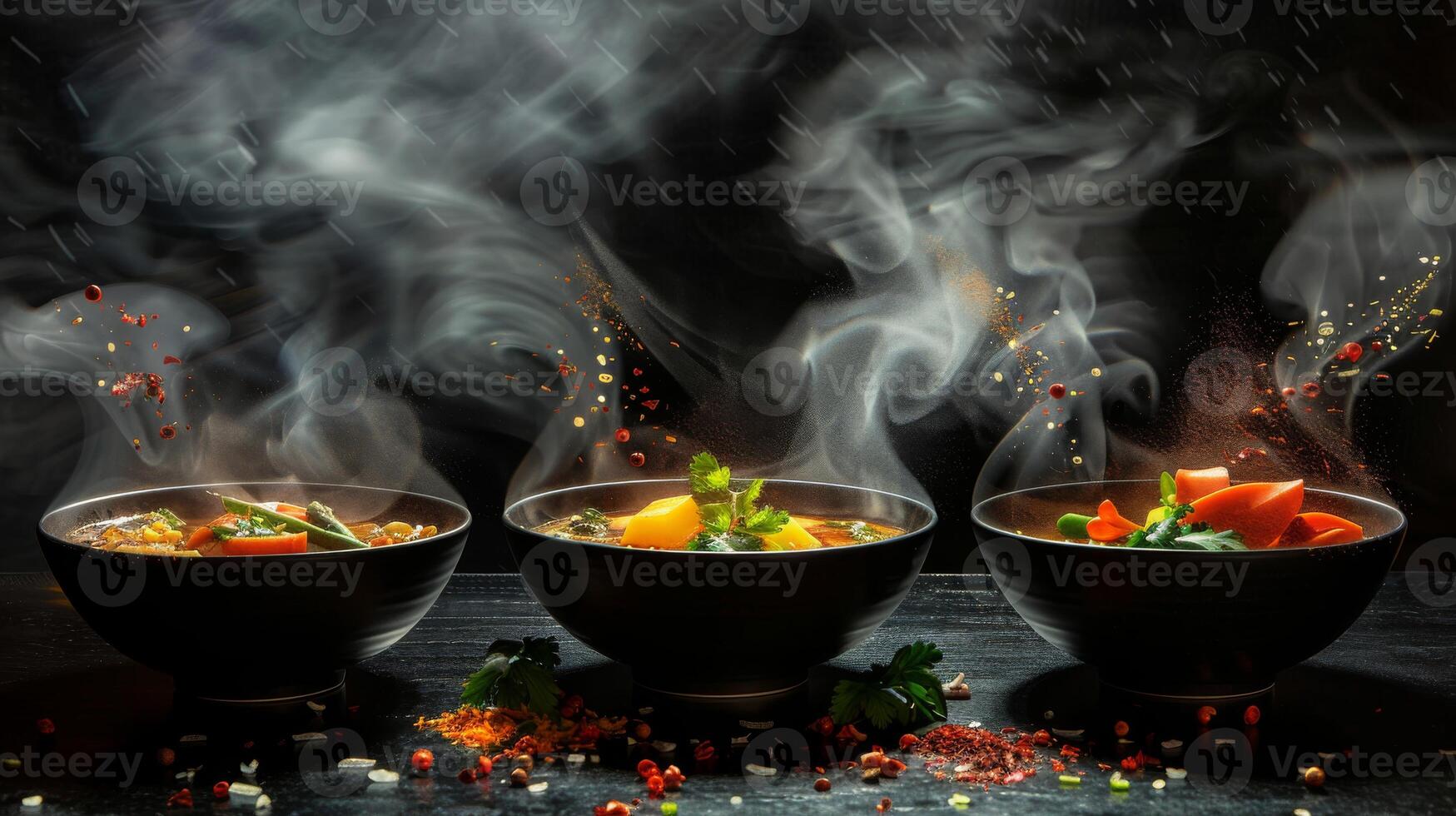 Bold silhouette of levitating bowls of steaming hot soup with garnishes photo