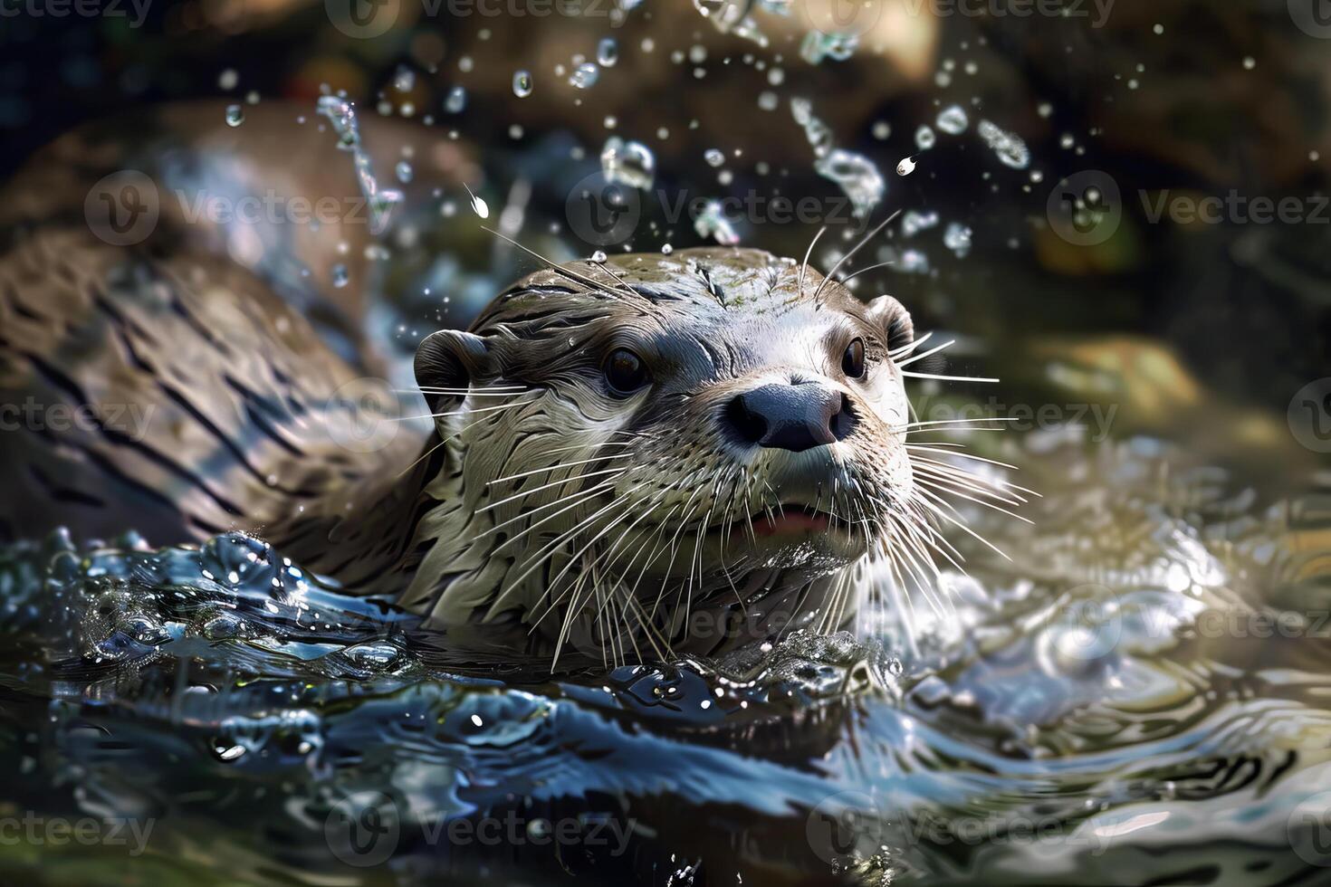 Refreshing splash of water from a playful otter in a tranquil stream photo