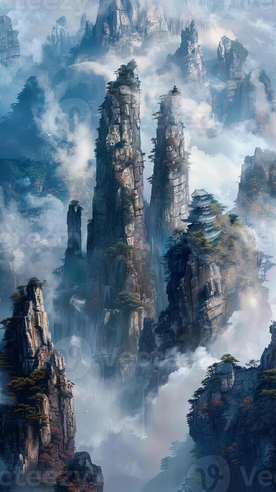 Towering mountain spires soaring into the clouds photo