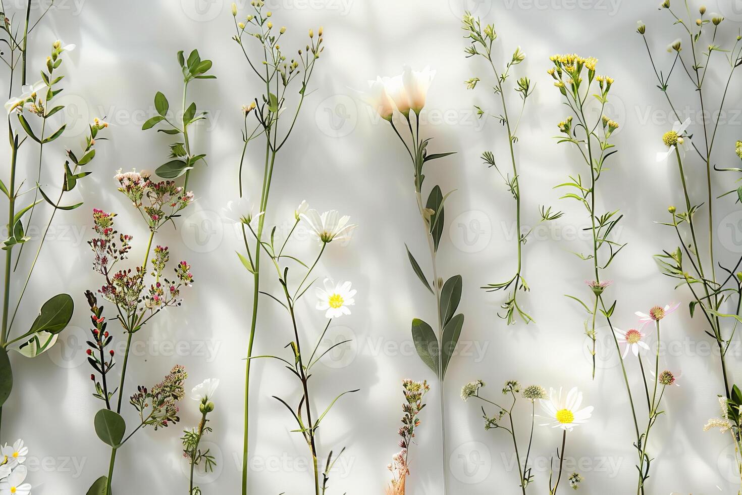Botanical illustration of delicate flowers on a soft transparent white backdrop, perfect for natural-themed designs photo