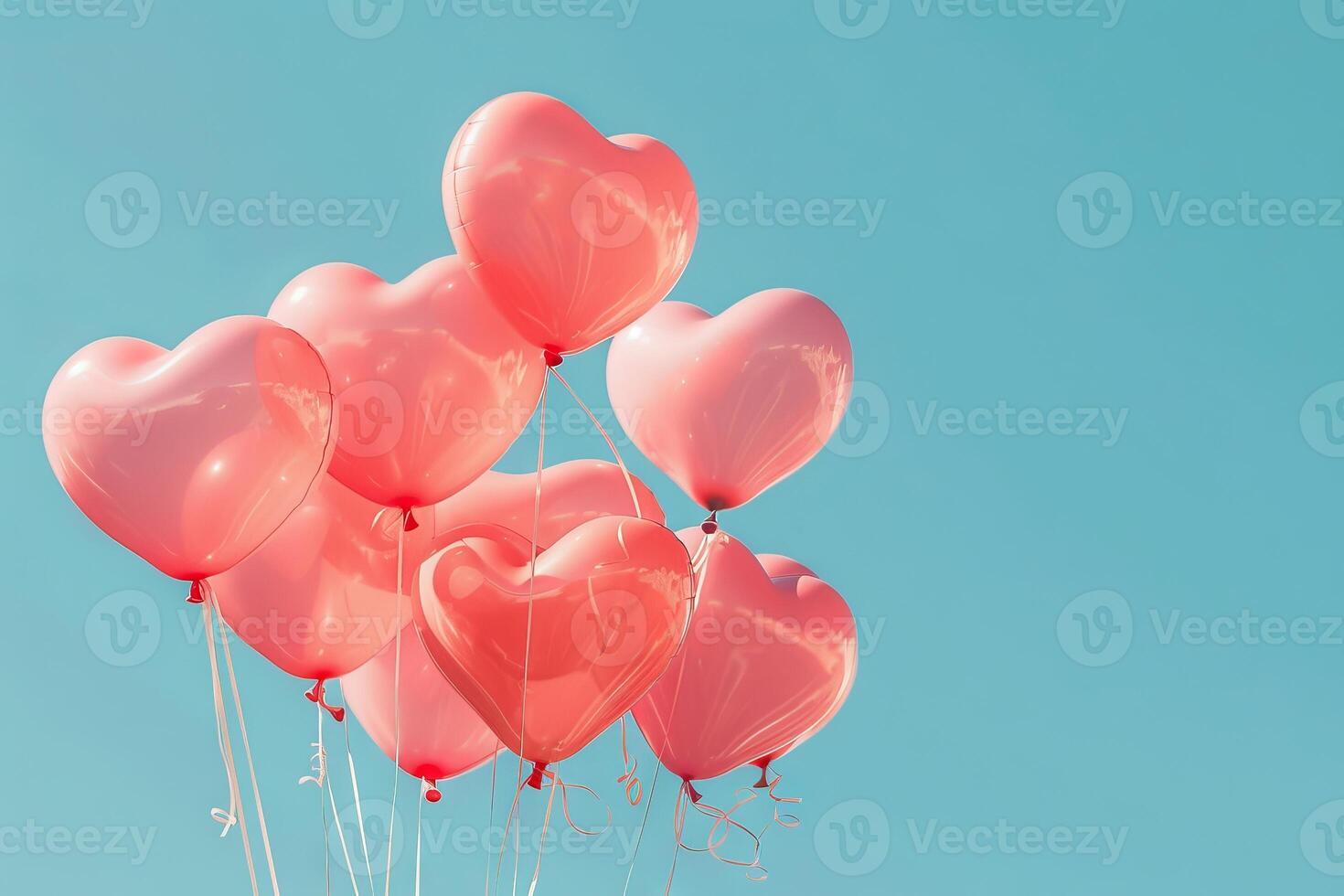 Bunch of heart-shaped balloons released into the air, symbolizing love and affection photo