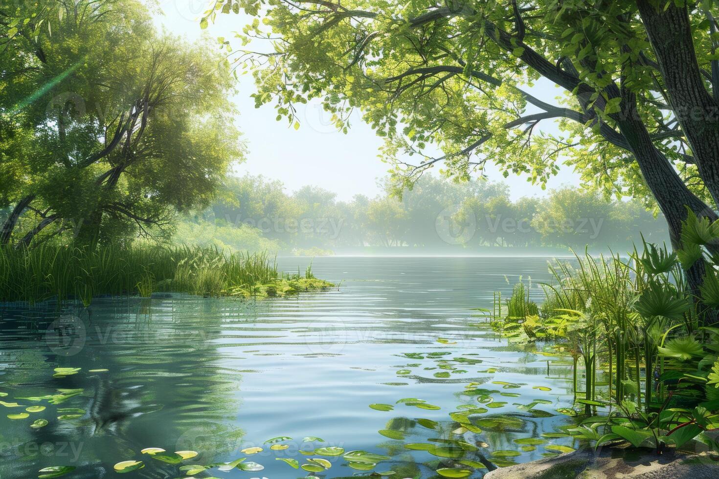 A tranquil riverbank, with gentle waters and lush vegetation photo