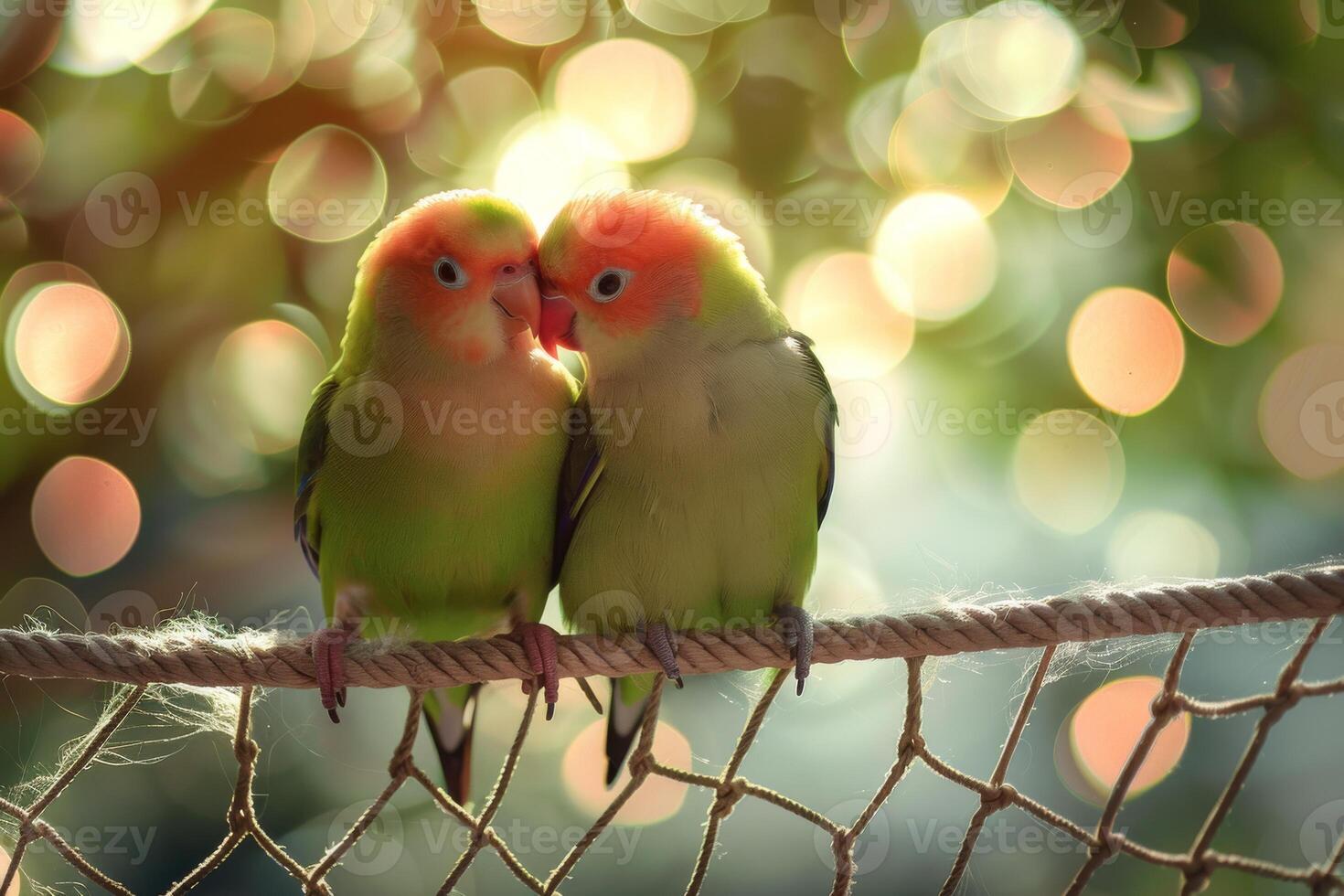 Lovebirds cuddling on a hammock in the backyard photo