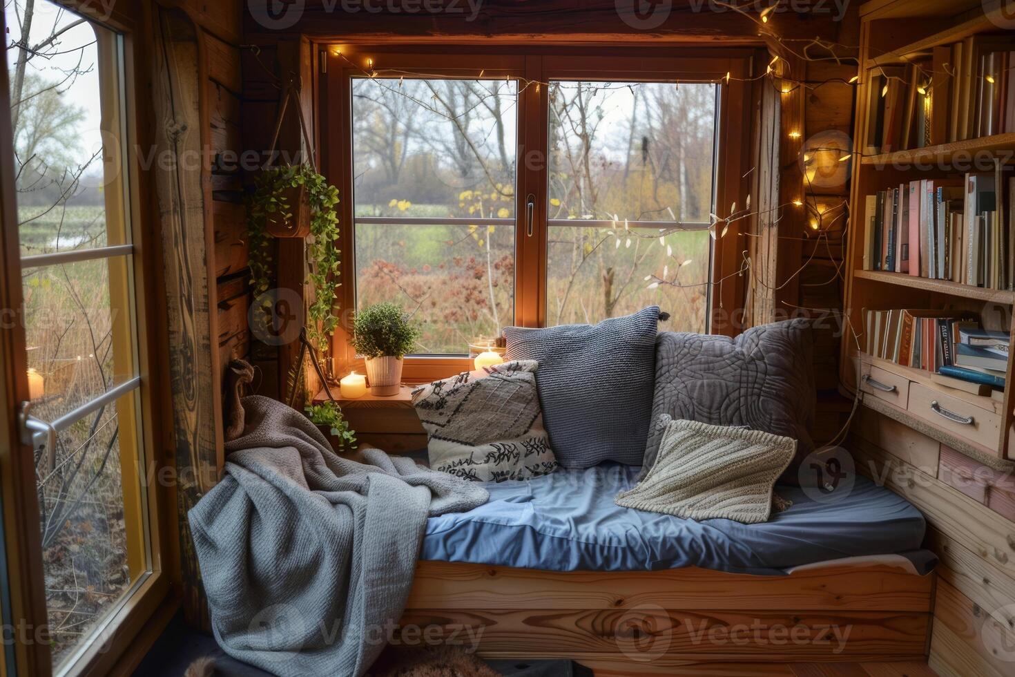 Cozy reading nook with soft blankets and cushions, providing a peaceful space for stress relief photo