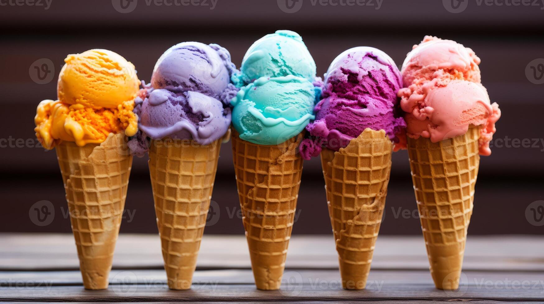 A waffle cone filled with scoops of rainbow sherbet photo