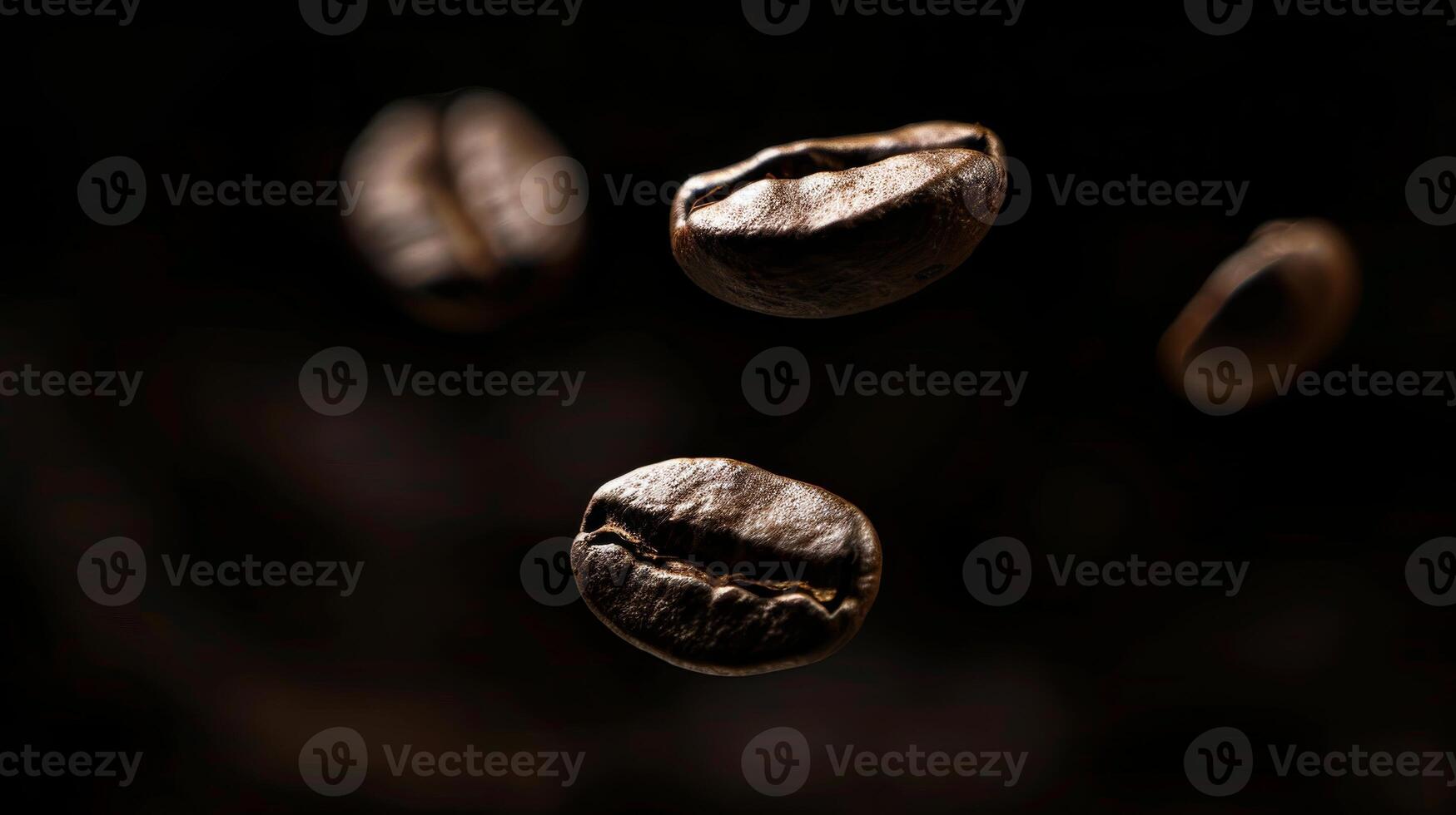 Dramatic silhouette of floating coffee beans captured in mid-air photo