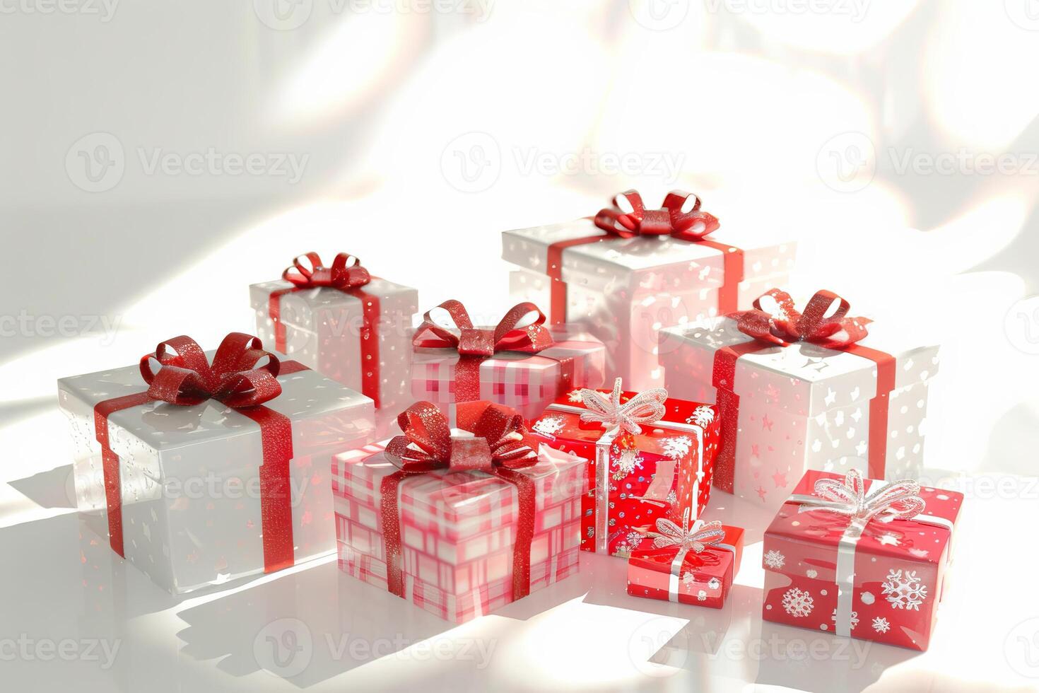 Festive Christmas presents on a soft transparent white backdrop, perfect for seasonal illustrations photo