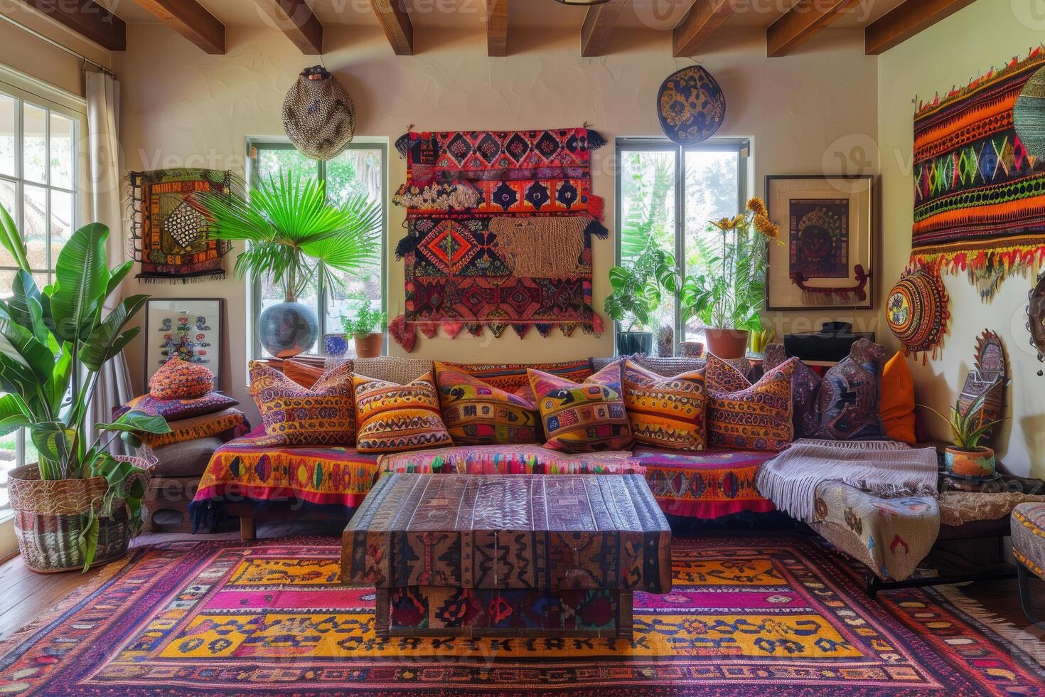 Bohemian living room with eclectic textiles and vibrant patterns photo