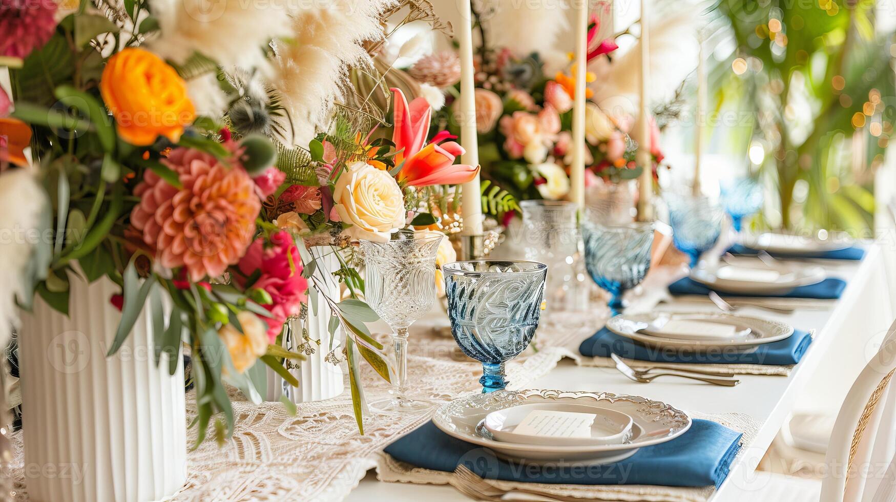 Boho chic feathers adding a pop of color and style to a white setting photo