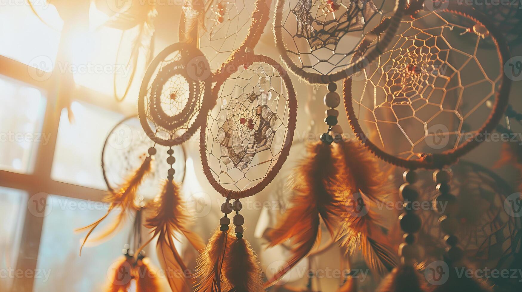 Bohemian dreamcatchers with intricate patterns and earthy tones create a serene and peaceful atmosphere against white photo