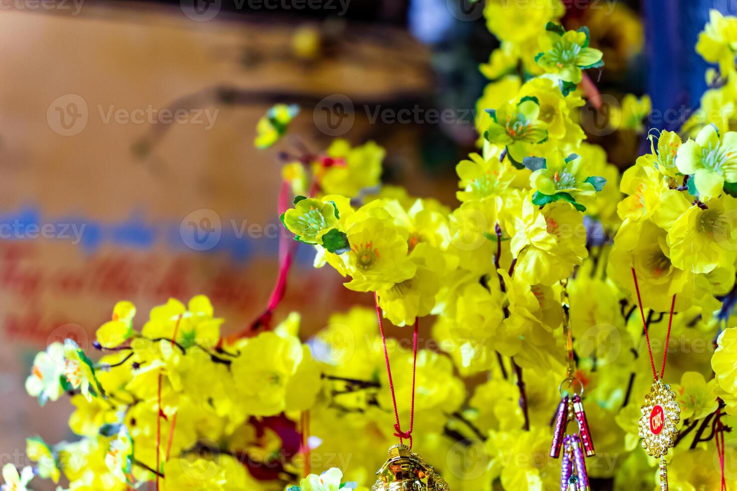 Plastic Hoa Mai tree Ochna Integerrima flower, traditional lunar new year Tet holiday in Vietnam. Apricot bloom bright yellow flowers in the spring garden. Selective focus. photo