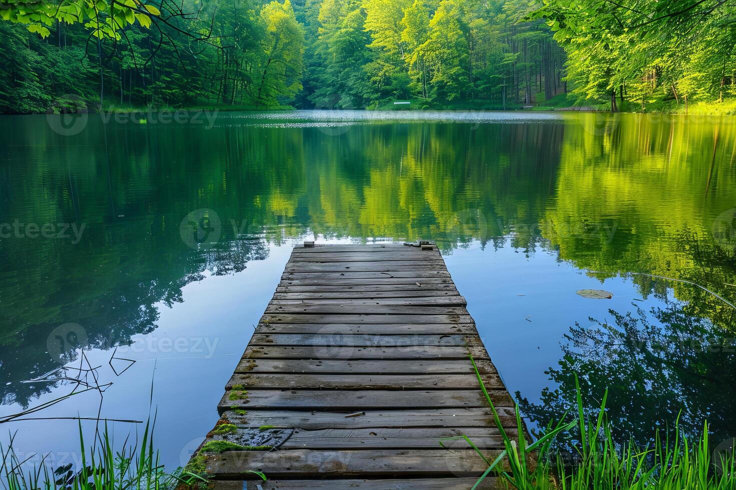 Tranquil pond with a wooden dock extending into the calm water photo