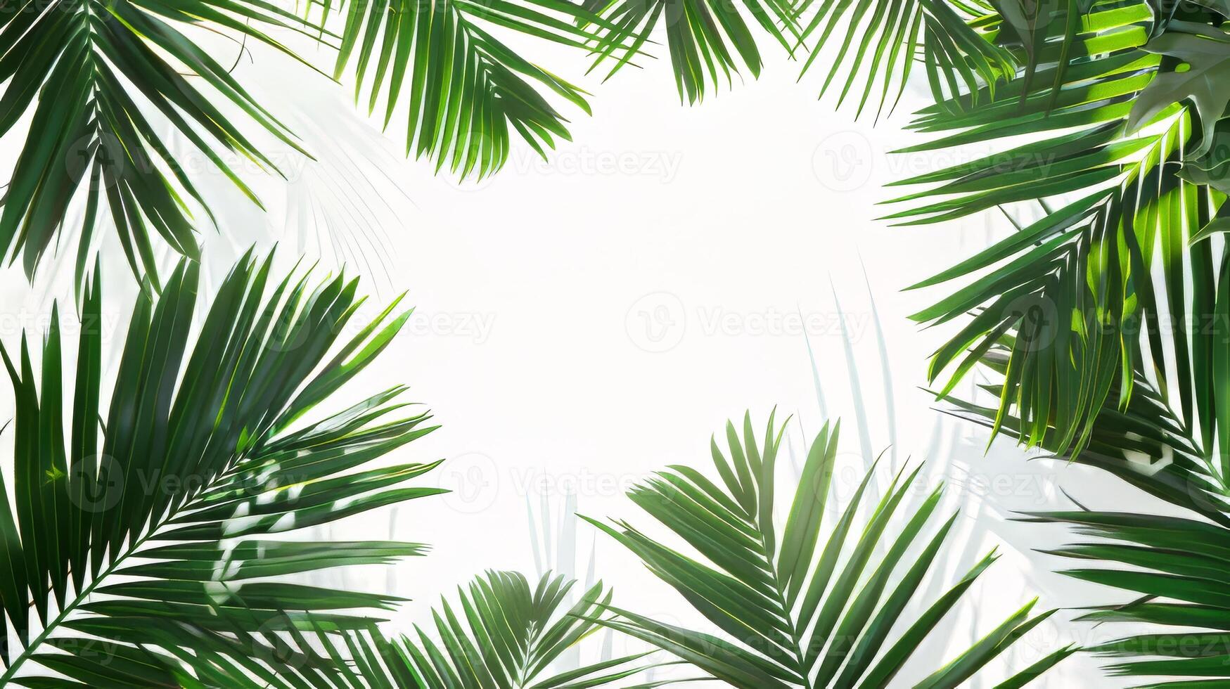 A close up of a palm tree with its leaves spread out. Concept of calm and relaxation, as the palm tree's leaves are open and spread out, creating a peaceful atmosphere photo