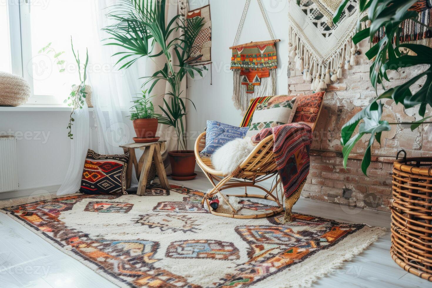 Bohemian-inspired eclectic decor against a soft transparent white surface, ideal for eclectic designs photo
