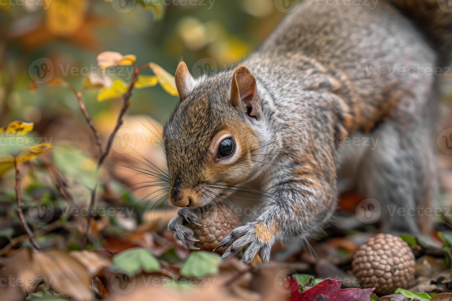 Close up of a squirrel foraging for acorns in a forest, showcasing the role of small mammals in seed dispersal photo