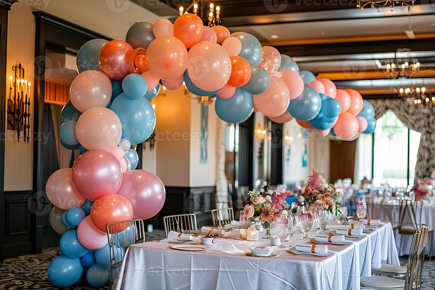 Balloon garland adorning a wedding reception venue, adding a touch of whimsy photo