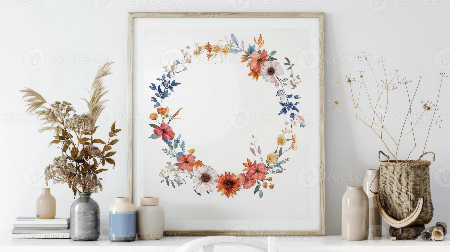 Bohemian-inspired floral wreath artwork with a minimalist color palette for a clean and modern look on white photo