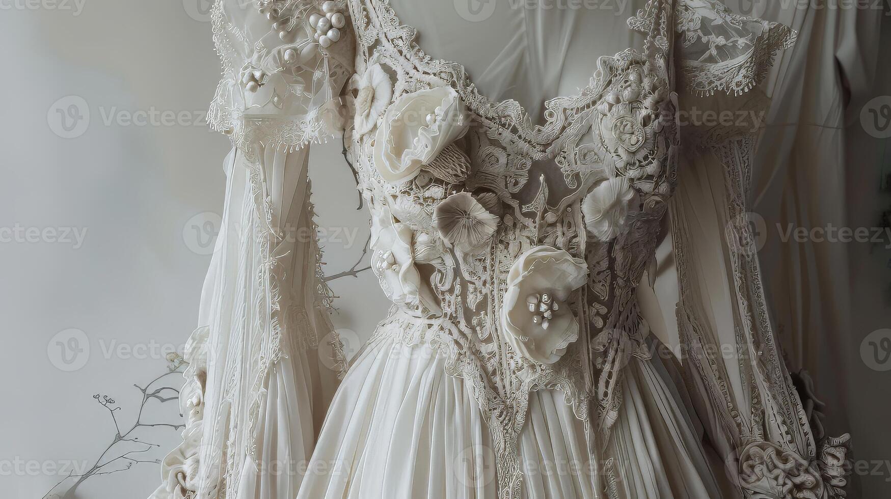 Bohemian wedding gown design pattern with flowing chiffon layers and intricate crochet detailing photo