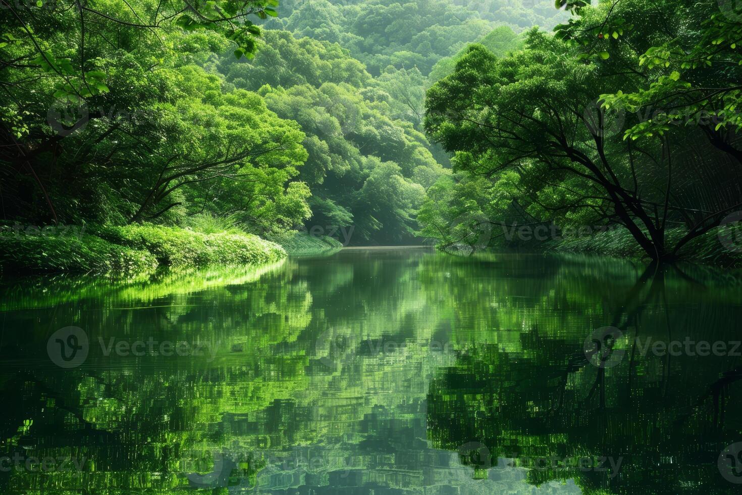 Tranquil scene of a peaceful lake surrounded by lush greenery, offering a moment of serenity photo