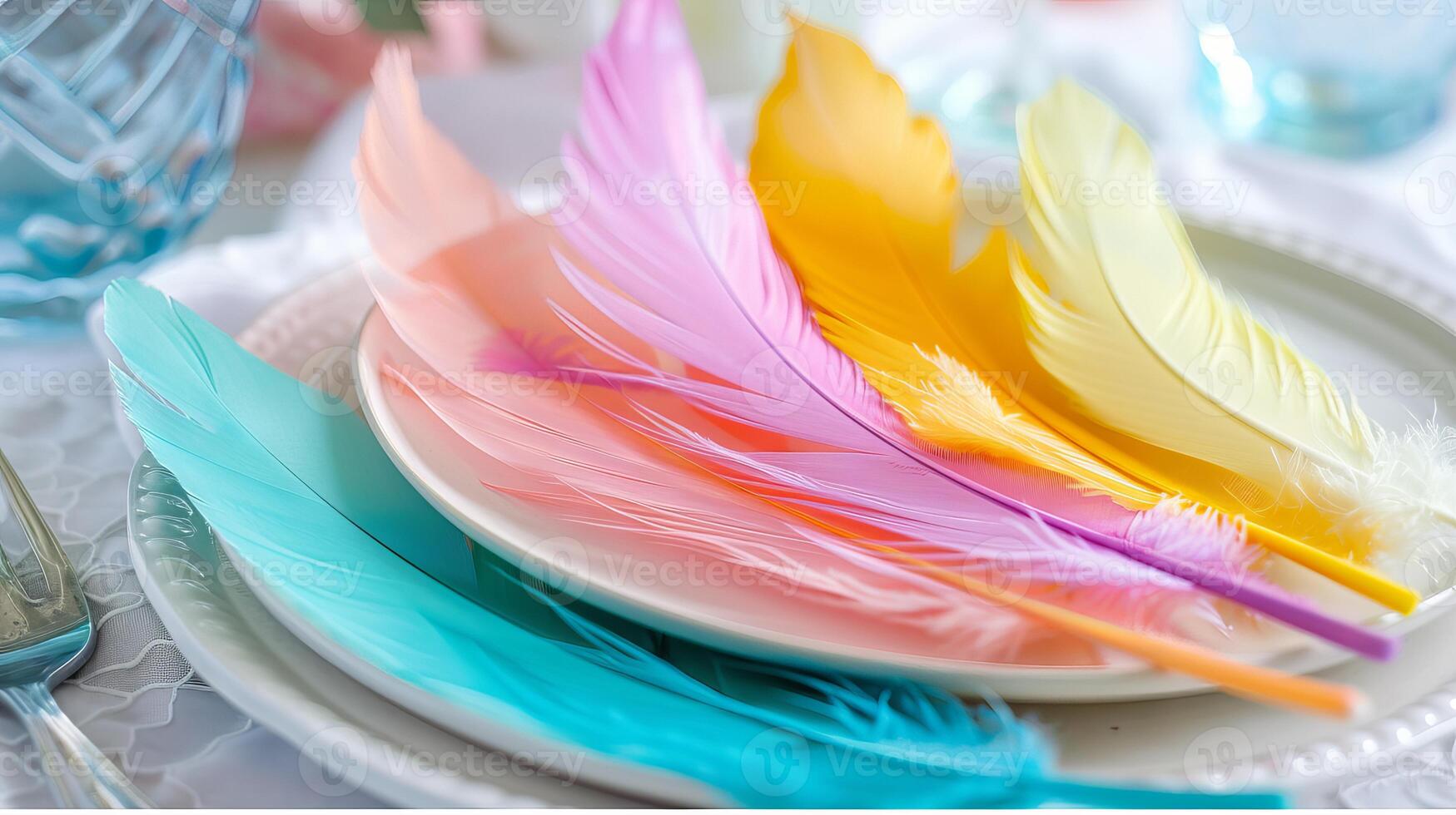 Boho chic feathers adding a pop of color and style to a white setting photo