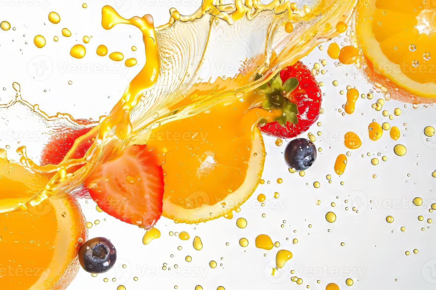 Fruit juice splatter against a soft transparent white backdrop, ideal for refreshing graphics photo