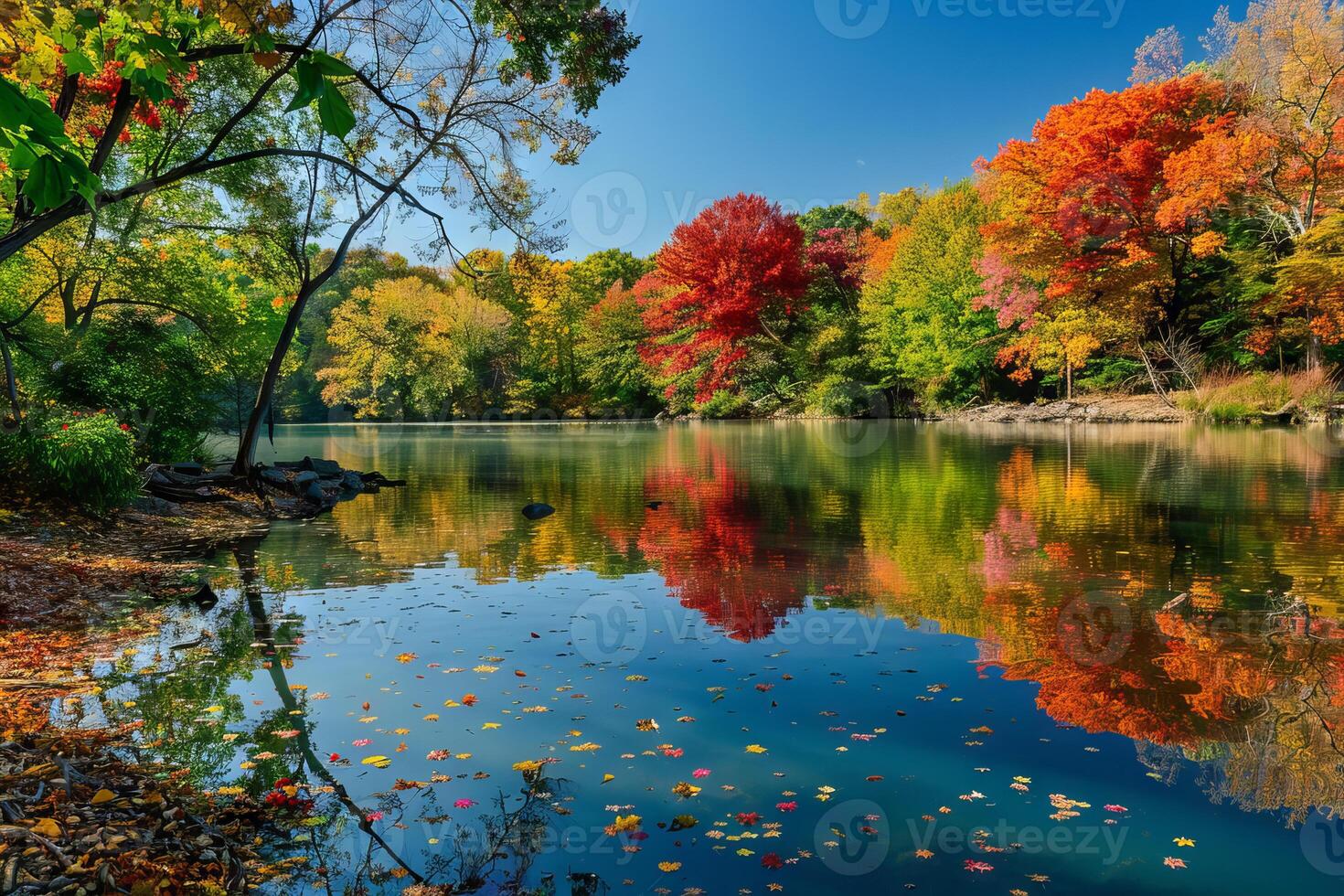 Tranquil lake reflecting the vibrant colors of the surrounding trees photo