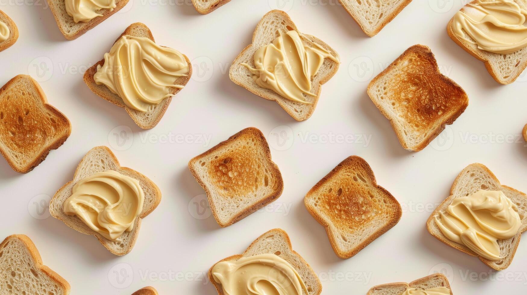 Floating slices of bread with spreads captured from above photo