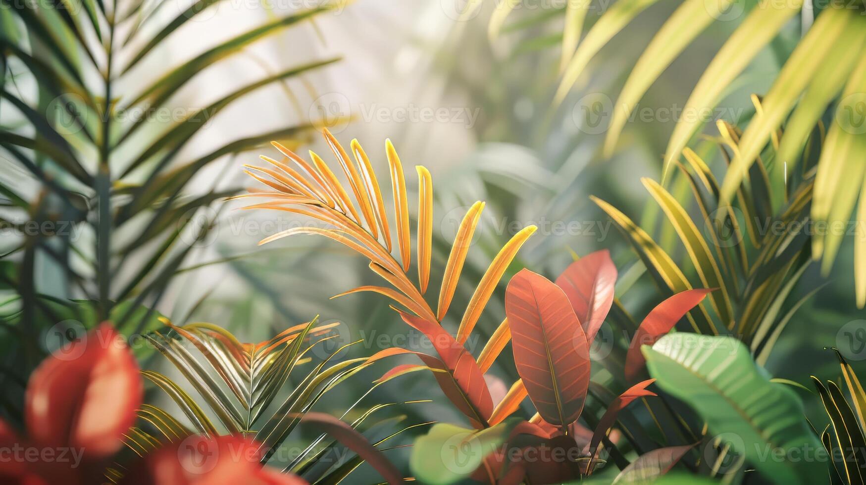 A lush green jungle with a red leafy plant in the foreground. The leaves are green and yellow, and the plant is surrounded by other green leaves. Concept of life and growth photo