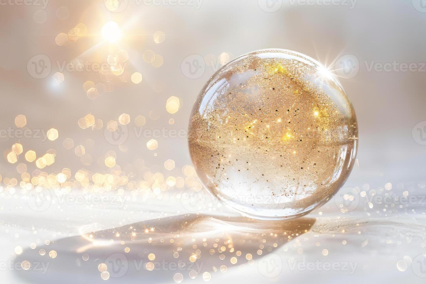 Glistening crystal ball sparkles shimmering against a transparent white backdrop, perfect for mystical and magical concepts photo