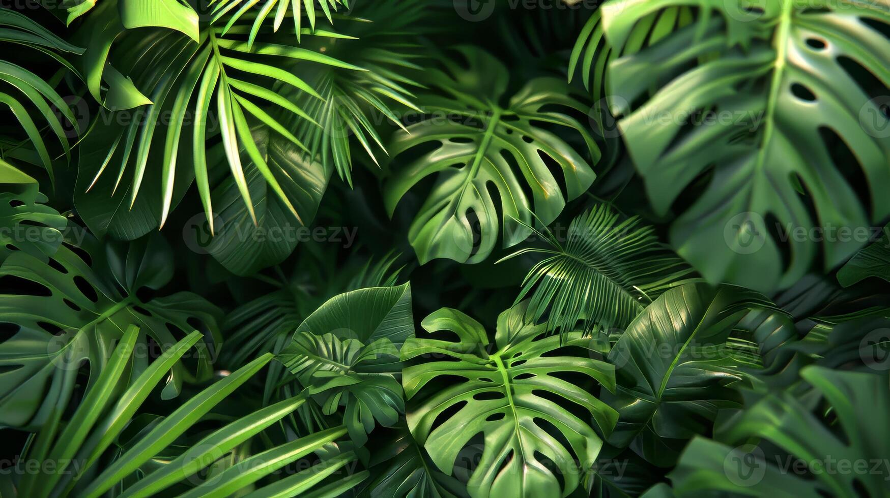 A lush green jungle with many leaves and vines. The image is full of life and energy, with the green leaves and vines photo
