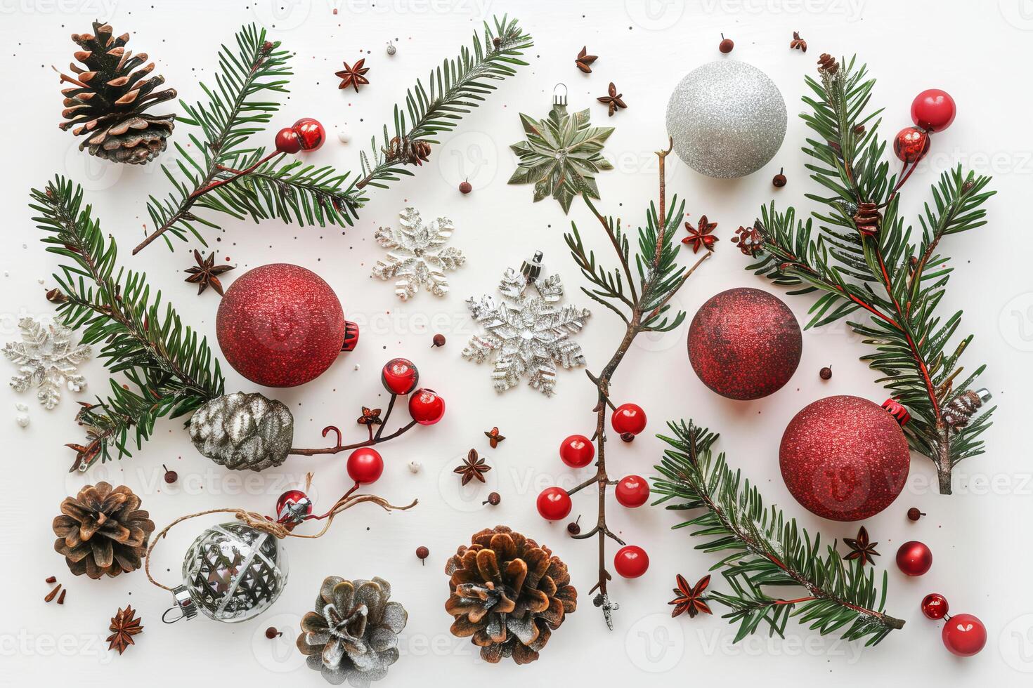 Traditional Christmas decorations on a transparent white canvas, ideal for festive cards photo