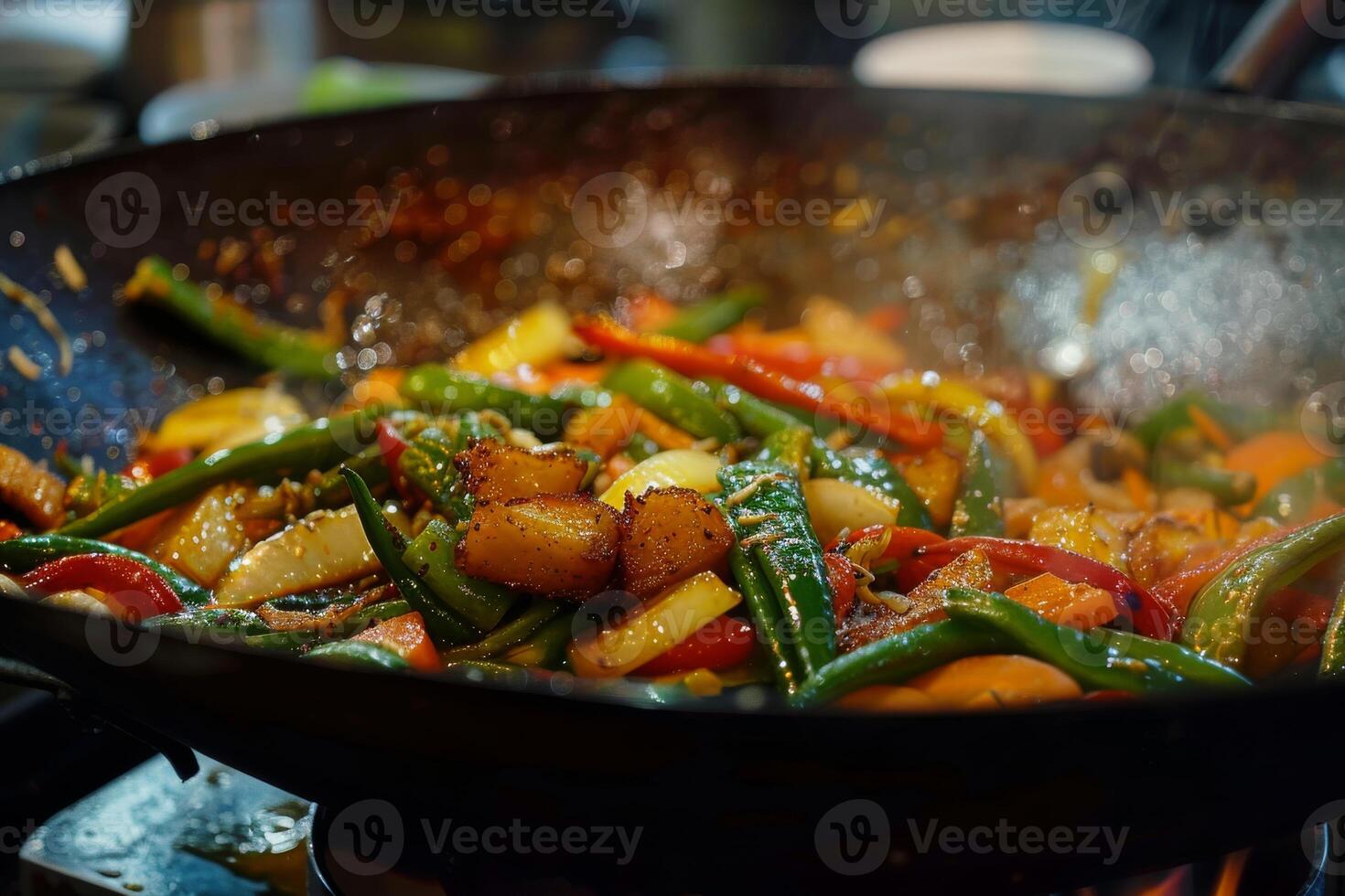 Close-up of a vegetable stir-fry cooking in a wok, a healthy and flavorful meal photo