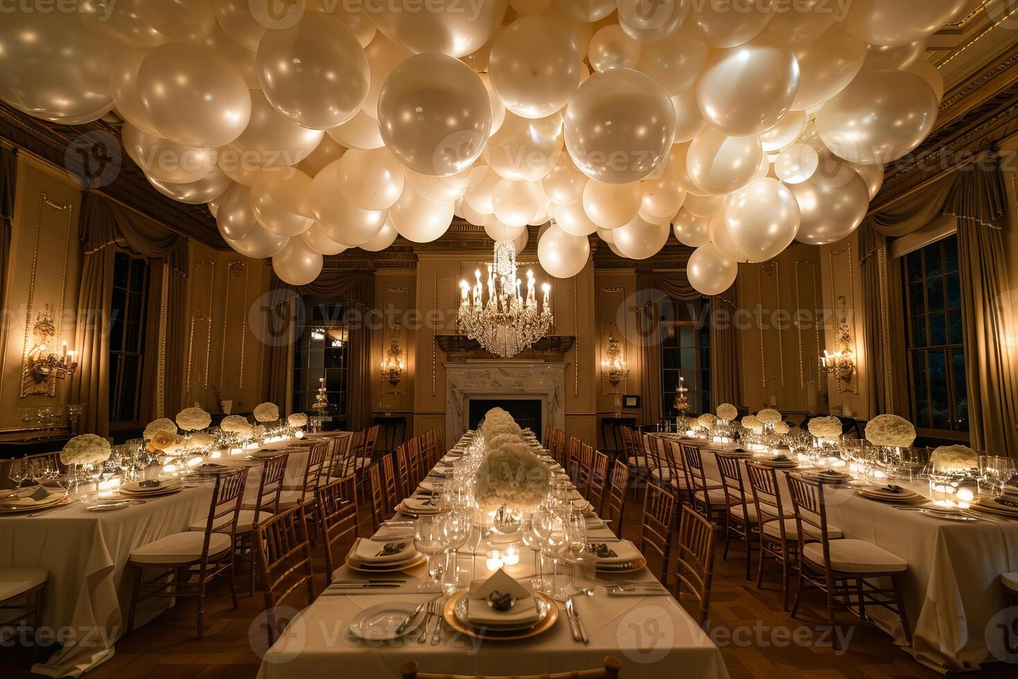 Elegant balloon chandelier suspended from the ceiling at a formal dinner party, adding glamour to the event photo