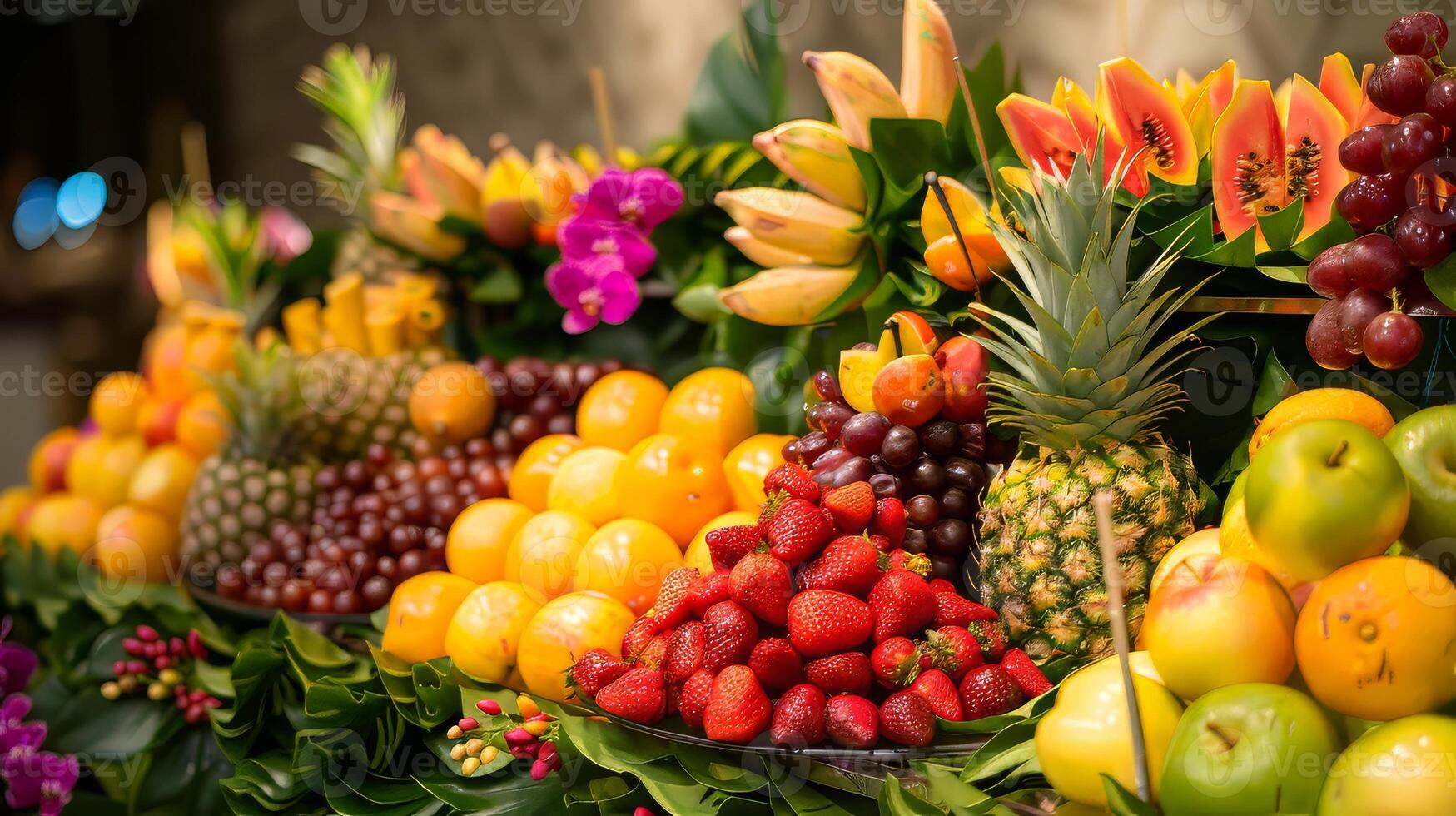 A table full of fresh fruits and s, including apples, oranges, and strawberries photo