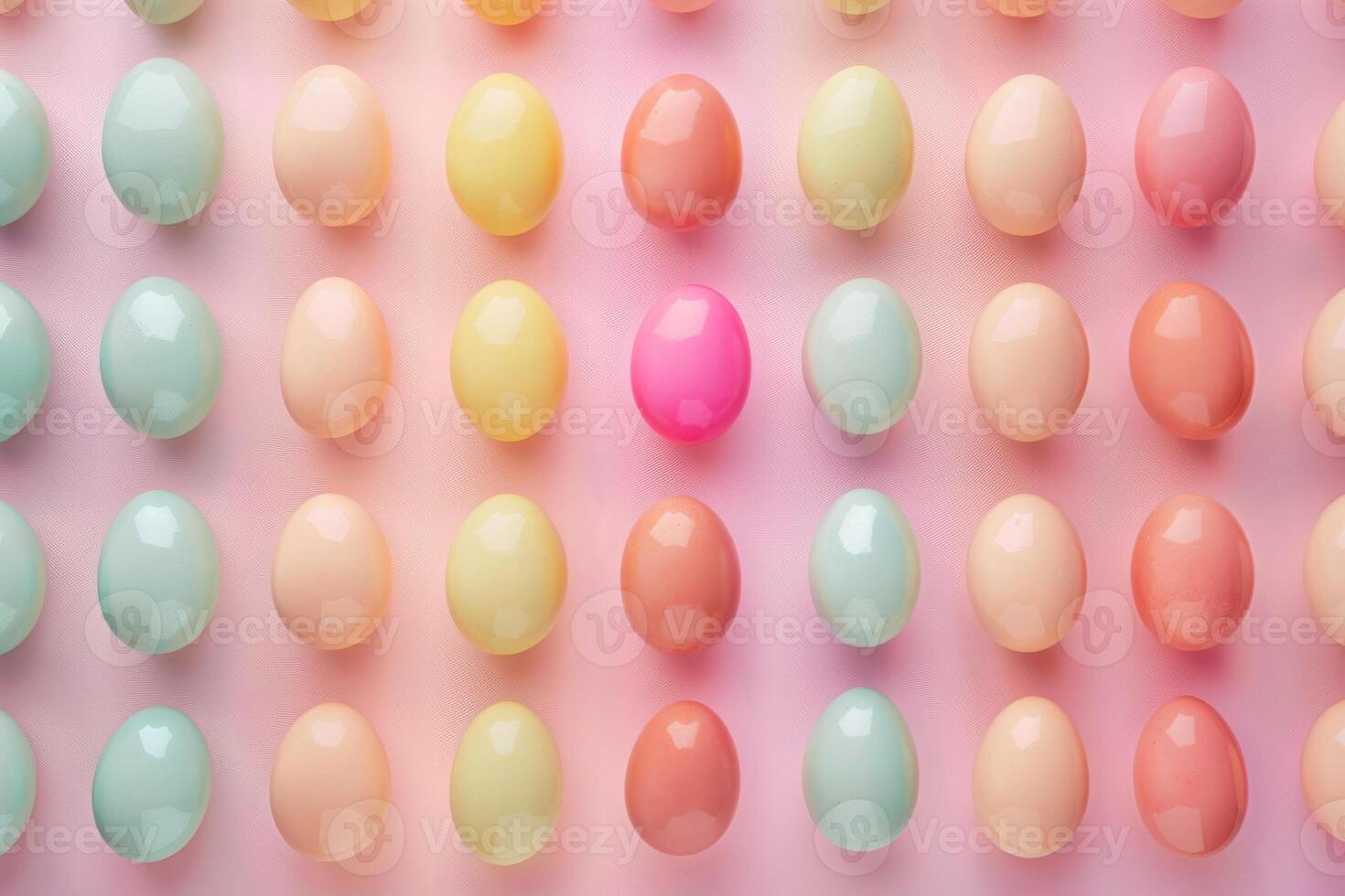 Colorful Easter eggs arranged in a pattern against a pastel backdrop photo