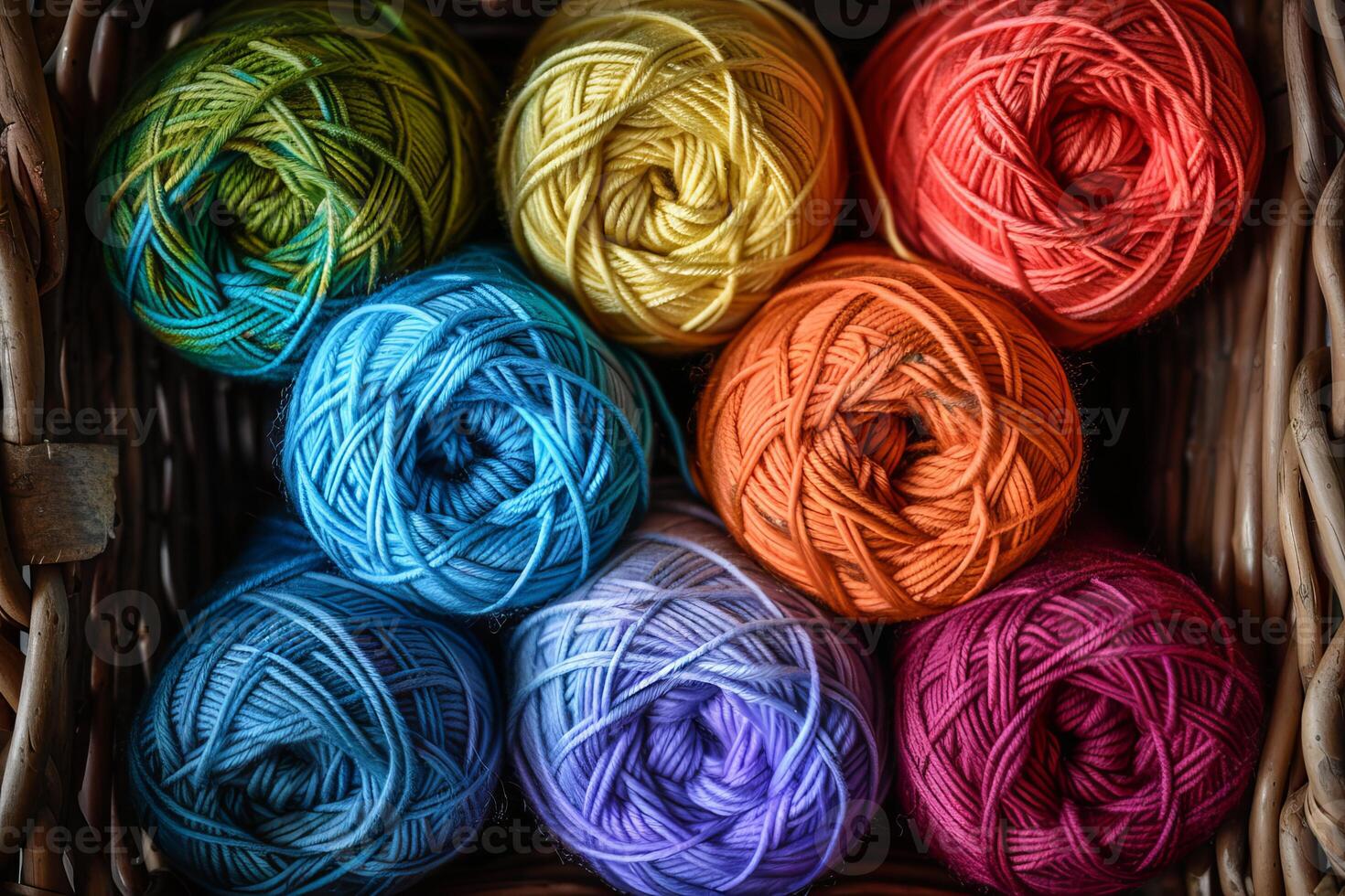 Rainbow-colored yarn skeins transparently arranged in a basket photo