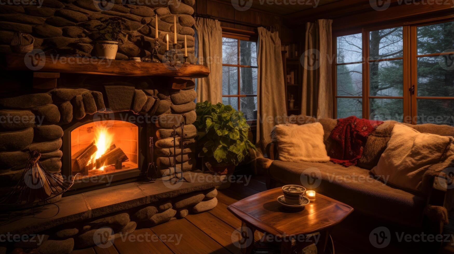 Rustic pension featuring a warm fireplace for a cozy retreat in the woods photo
